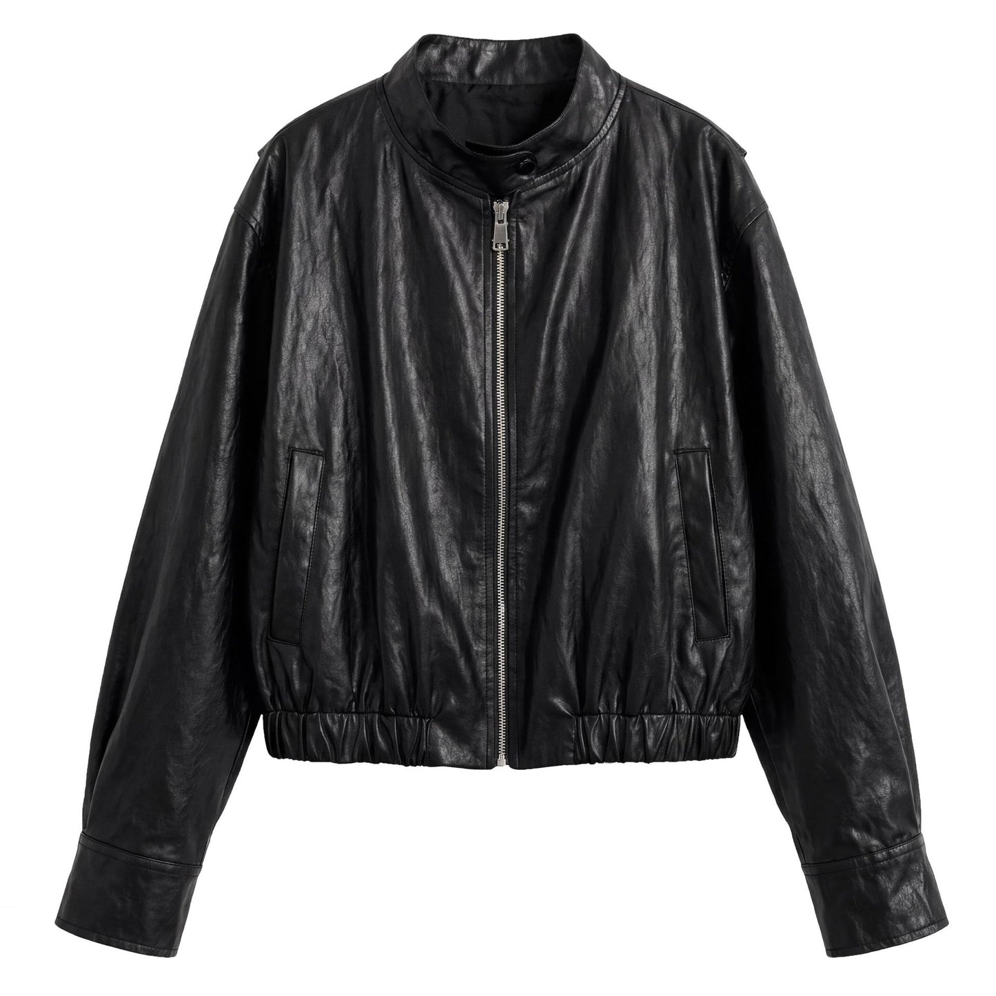 Retro PU Stand Collar Short Jacket for Women Motorcycle Trendy, Versatile Leather Coat