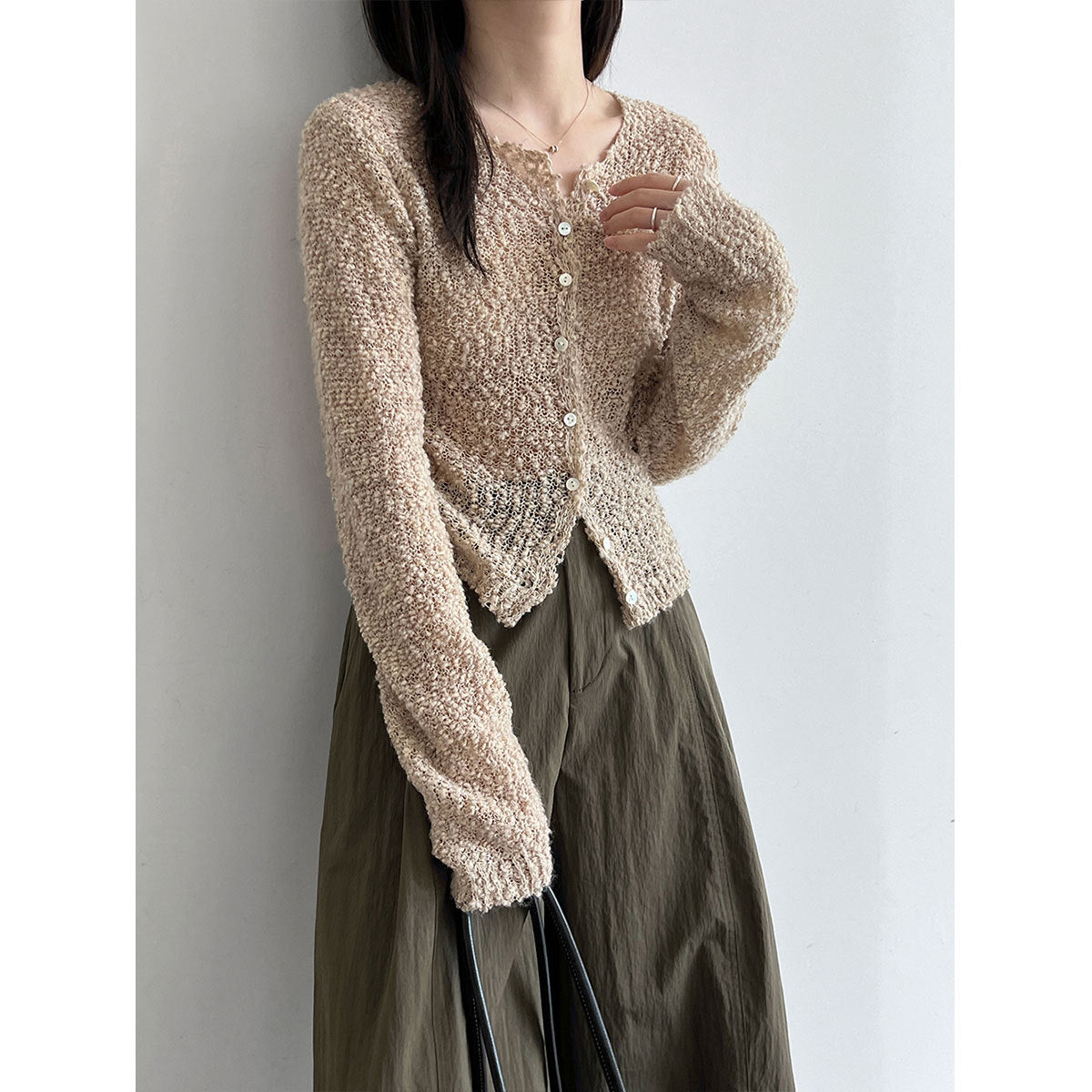 Deer West Circle Knit Wool Cardigan for Women Autumn New Hollow-Out Slimming Top