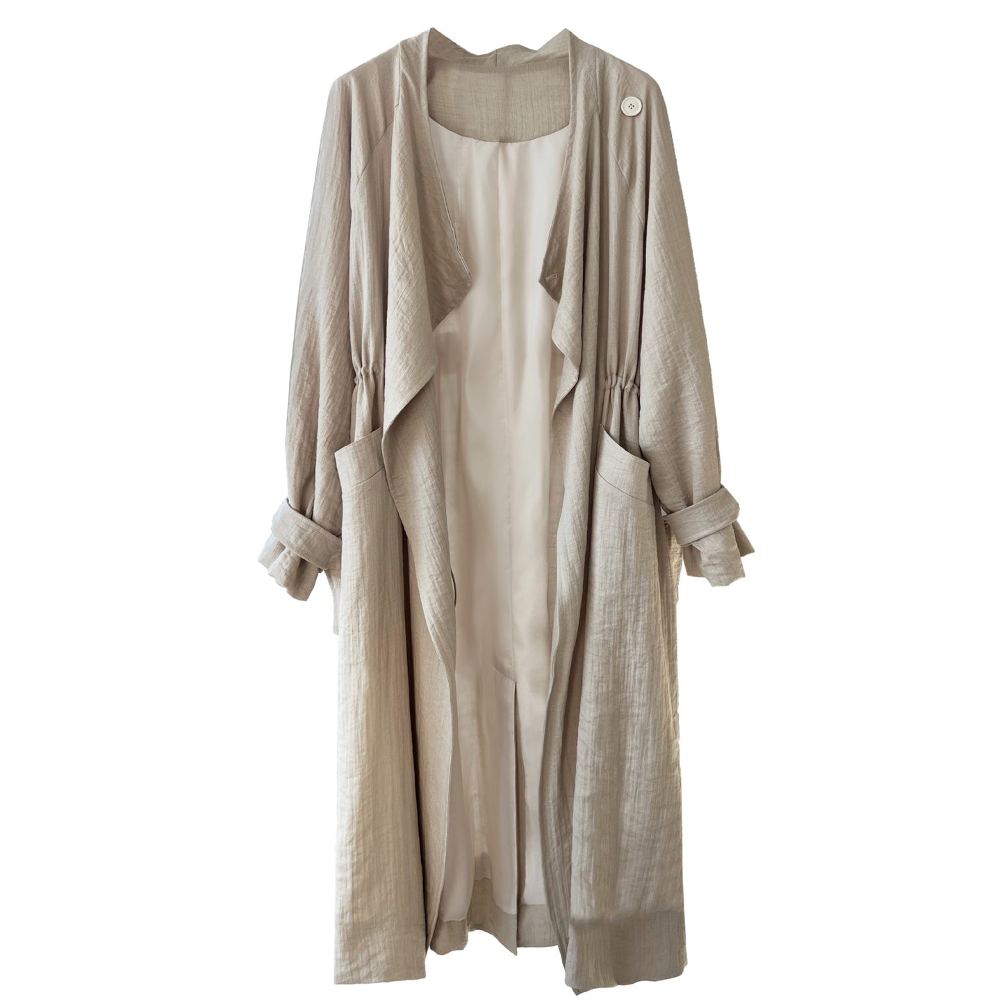 New Chinese Style Over-the-Knee Trench Coat for Women, Mid-Length, Drawstring Linen Cotton Outerwear