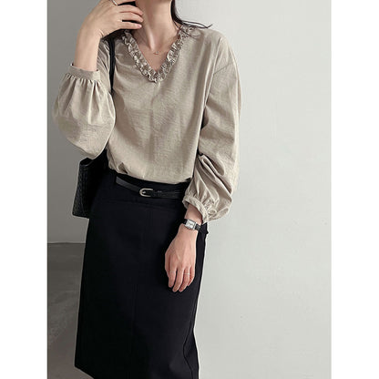 Lace Trim V-Neck Lantern Sleeve Blouse for Women Elegant Youthful Commute Top Shirt