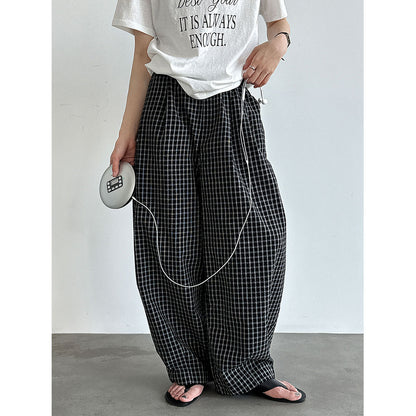 Retro Color-Blocked Checkered Balloon Pants for Women, High Waist Loose Casual Wide Leg Pants