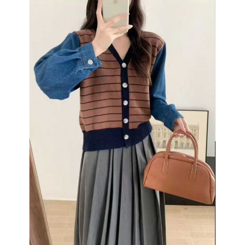 Striped Knit Denim Patchwork Jacket Women's Loose Short V-Neck Long Sleeve Sweater