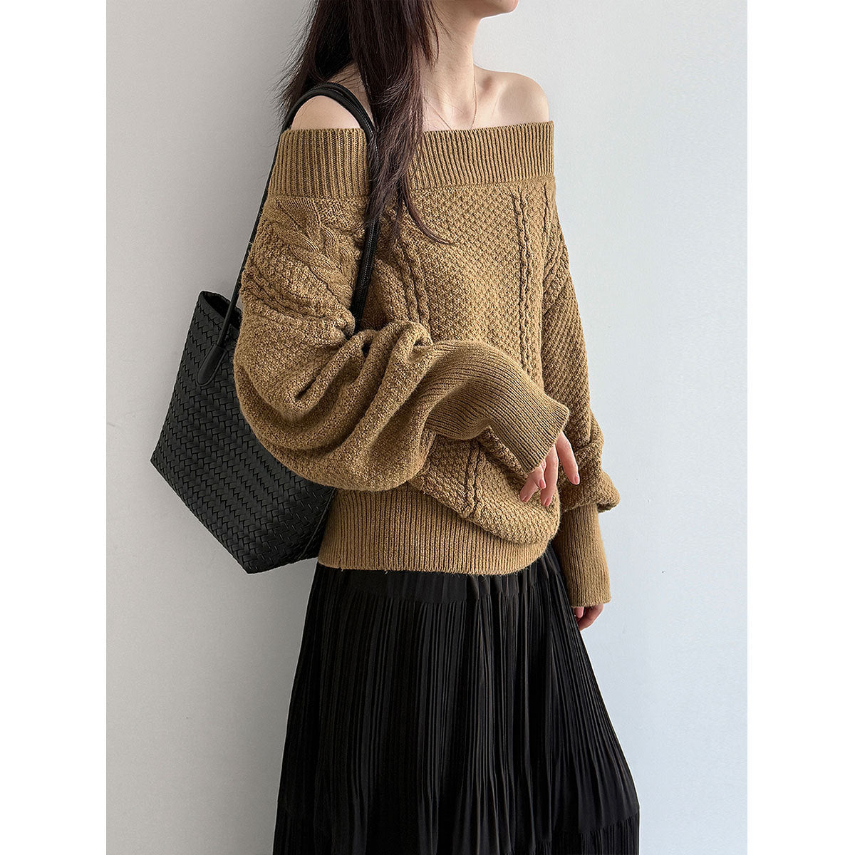 Lace-up Shoulder Cable Knit Loose Long Sleeve Sweater Women's One-Shoulder Wide Knit Top