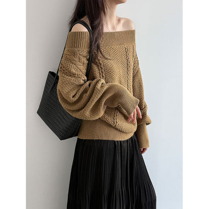 Lace-up Shoulder Cable Knit Loose Long Sleeve Sweater Women's One-Shoulder Wide Knit Top