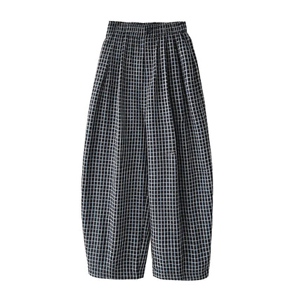 Retro Color-Blocked Checkered Balloon Pants for Women, High Waist Loose Casual Wide Leg Pants