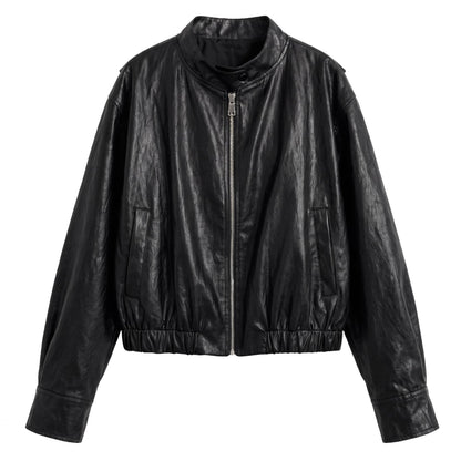 Retro PU Stand Collar Short Jacket for Women Motorcycle Trendy, Versatile Leather Coat