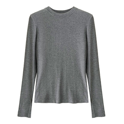 Elegant Slim-Fitting Solid Color Round Neck Basic Top for Women, Autumn New Innerwear, Regular Shoulder Long Sleeve Shirt