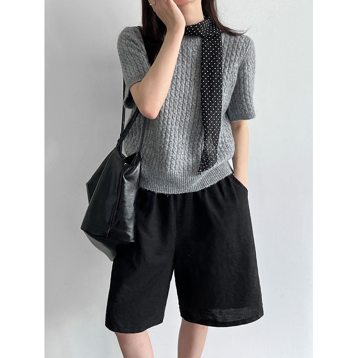 Cable Knit Short Sleeve Wool Round Neck T-Shirt for Women Slim Fit Top