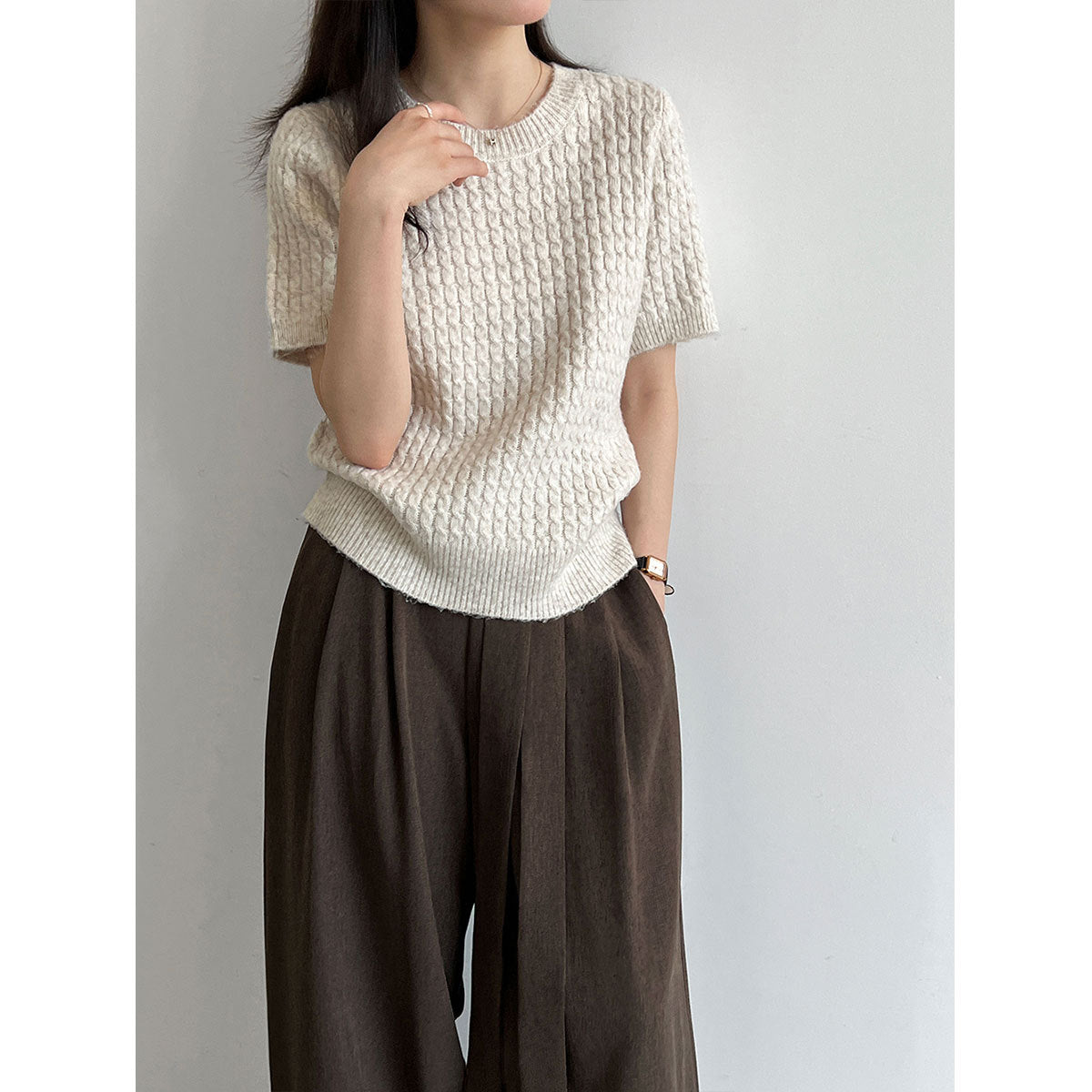 Cable Knit Short Sleeve Wool Round Neck T-Shirt for Women Slim Fit Top
