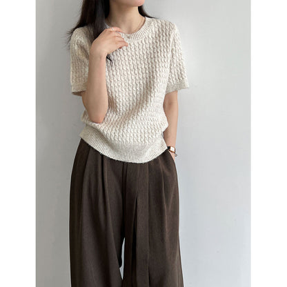 Cable Knit Short Sleeve Wool Round Neck T-Shirt for Women Slim Fit Top