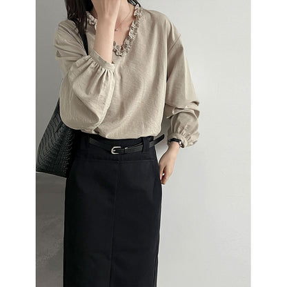Lace Trim V-Neck Lantern Sleeve Blouse for Women Elegant Youthful Commute Top Shirt
