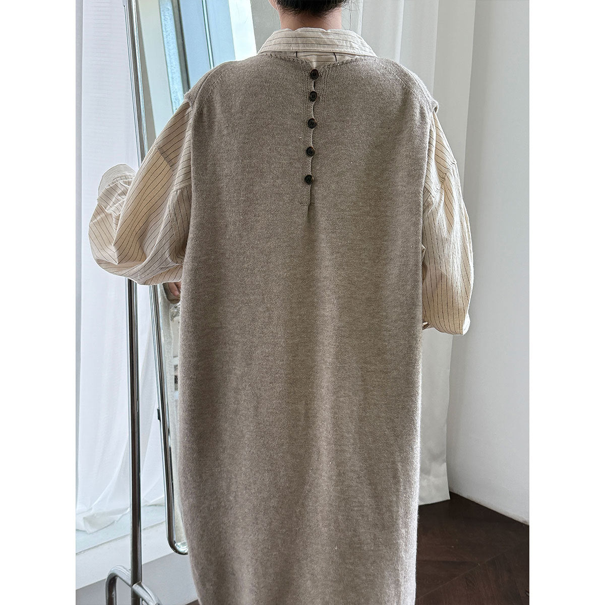 Knit Back Button Loose Sweater Dress for Women, Mid-length Autumn Knit Dress