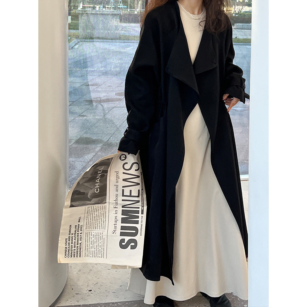 New Chinese Style Over-the-Knee Trench Coat for Women, Mid-Length, Drawstring Linen Cotton Outerwear