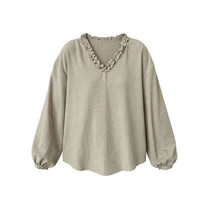 Lace Trim V-Neck Lantern Sleeve Blouse for Women Elegant Youthful Commute Top Shirt