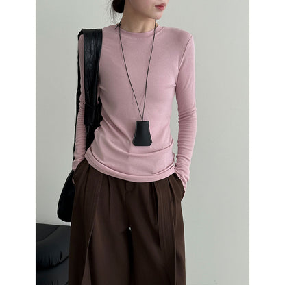 Elegant Slim-Fitting Solid Color Round Neck Basic Top for Women, Autumn New Innerwear, Regular Shoulder Long Sleeve Shirt