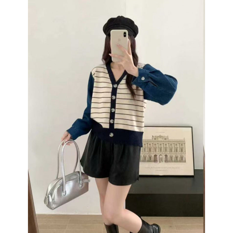 Striped Knit Denim Patchwork Jacket Women's Loose Short V-Neck Long Sleeve Sweater