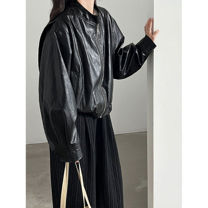 Retro PU Stand Collar Short Jacket for Women Motorcycle Trendy, Versatile Leather Coat