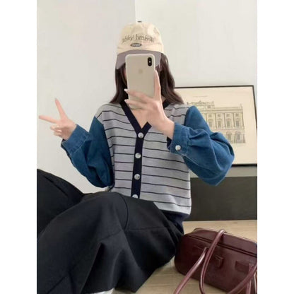 Striped Knit Denim Patchwork Jacket Women's Loose Short V-Neck Long Sleeve Sweater