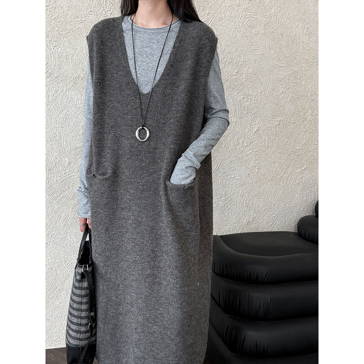 Knit Back Button Loose Sweater Dress for Women, Mid-length Autumn Knit Dress