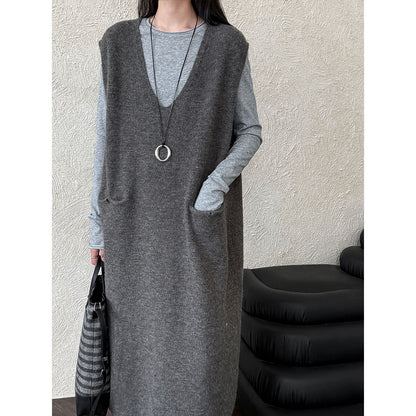 Knit Back Button Loose Sweater Dress for Women, Mid-length Autumn Knit Dress