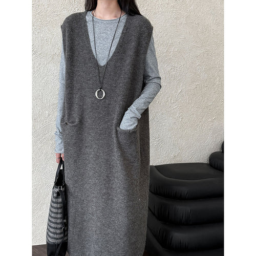 Knit Back Button Loose Sweater Dress for Women, Mid-length Autumn Knit Dress