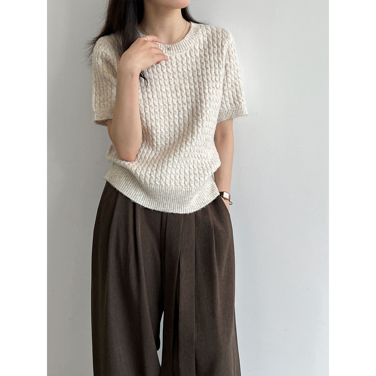 Cable Knit Short Sleeve Wool Round Neck T-Shirt for Women Slim Fit Top