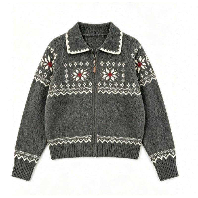 Fair Isle Vintage Jacquard Knit Cardigan Polo Neck Zipper Loose Sweater Coat Top