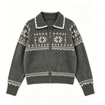 Fair Isle Vintage Jacquard Knit Cardigan Polo Neck Zipper Loose Sweater Coat Top