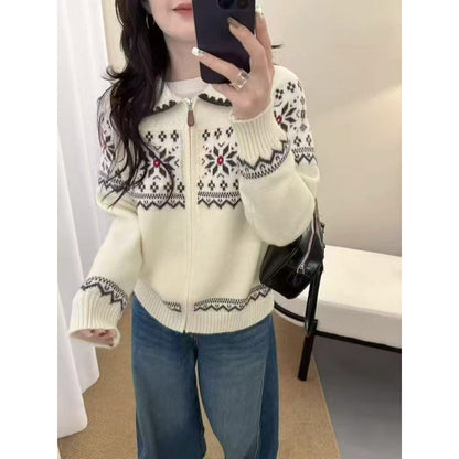 Fair Isle Vintage Jacquard Knit Cardigan Polo Neck Zipper Loose Sweater Coat Top