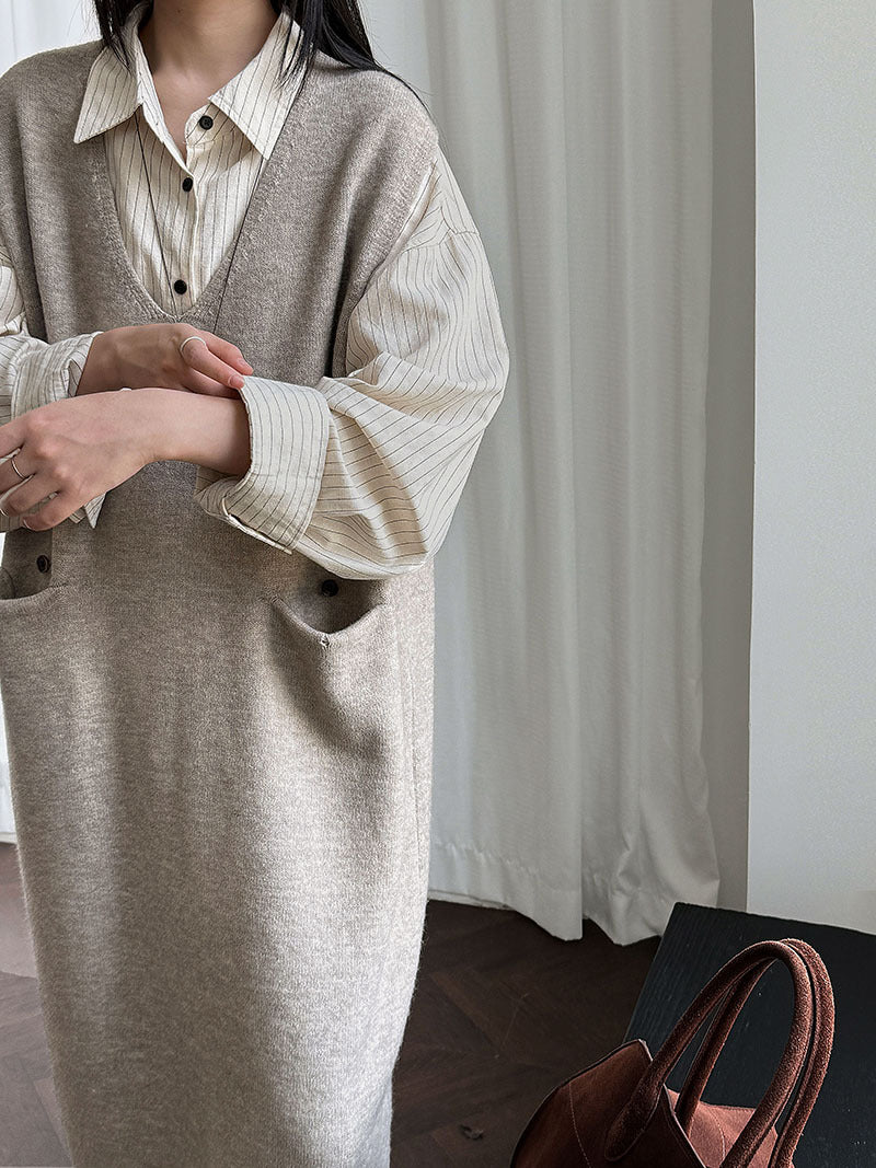 Knit Back Button Loose Sweater Dress for Women, Mid-length Autumn Knit Dress