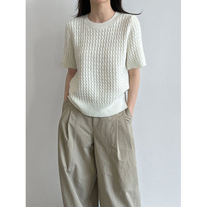 Cable Knit Short Sleeve Wool Round Neck T-Shirt for Women Slim Fit Top