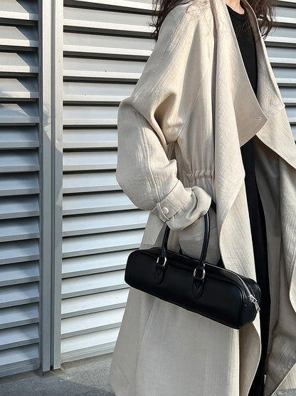 New Chinese Style Over-the-Knee Trench Coat for Women, Mid-Length, Drawstring Linen Cotton Outerwear