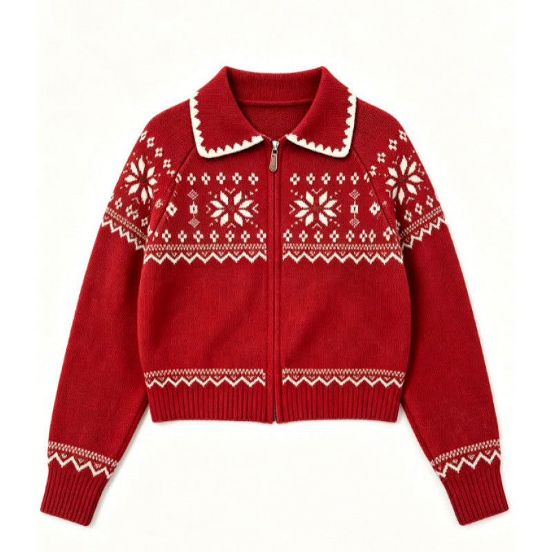 Fair Isle Vintage Jacquard Knit Cardigan Polo Neck Zipper Loose Sweater Coat Top
