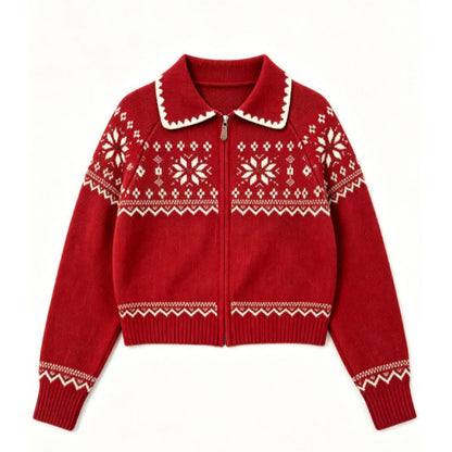 Fair Isle Vintage Jacquard Knit Cardigan Polo Neck Zipper Loose Sweater Coat Top