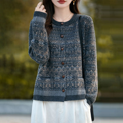 Knitted Cardigan Coat for Women, Embroidered Pattern, Outerwear, Stylish Women's Top