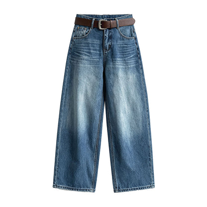 Cotton Vintage High-Waisted Wide-Leg Jeans for Women, Autumn Washed Gradient Straight Leg Long Pants