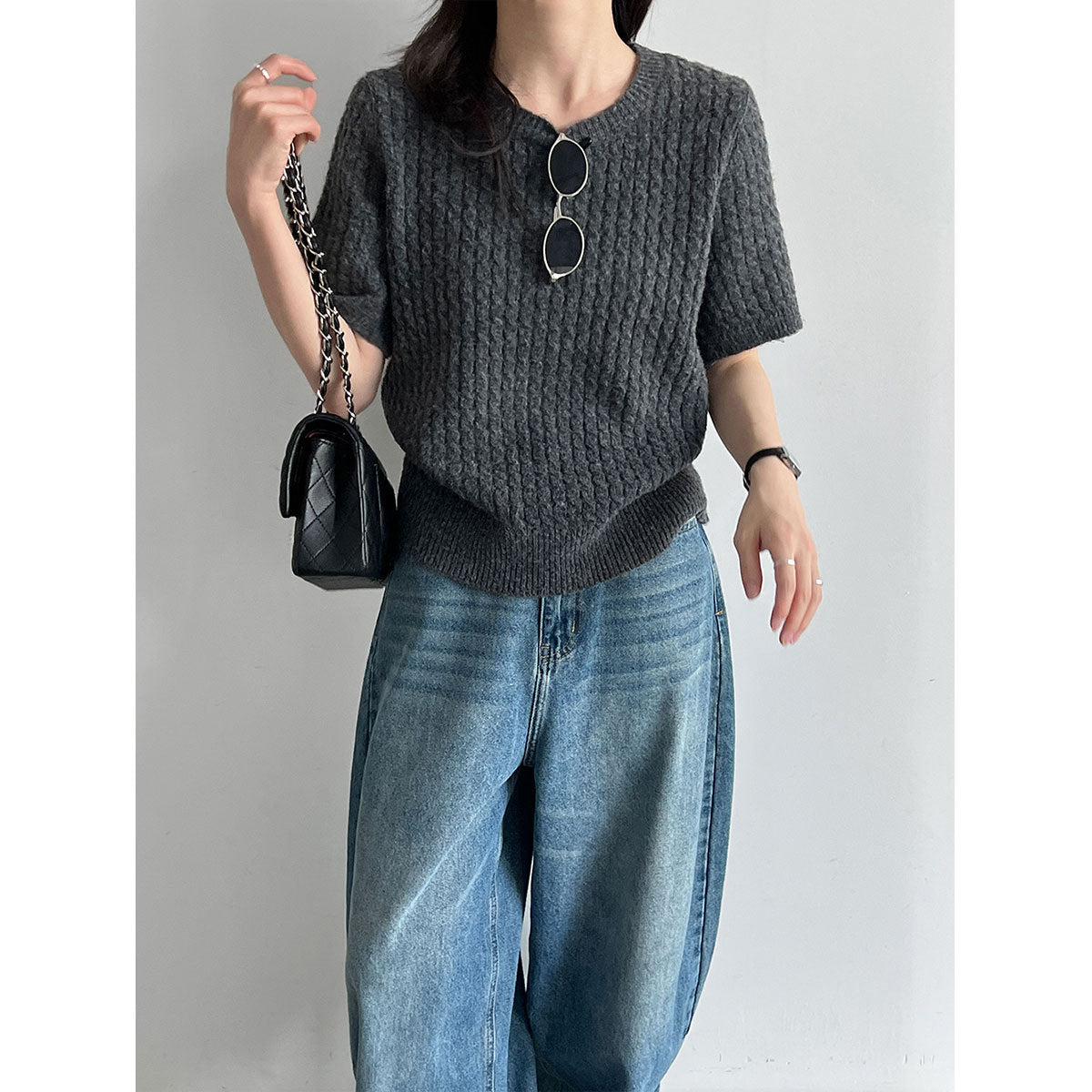 Cable Knit Short Sleeve Wool Round Neck T-Shirt for Women Slim Fit Top