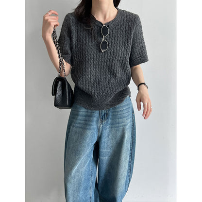 Cable Knit Short Sleeve Wool Round Neck T-Shirt for Women Slim Fit Top