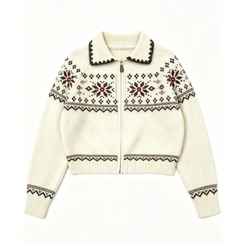 Fair Isle Vintage Jacquard Knit Cardigan Polo Neck Zipper Loose Sweater Coat Top