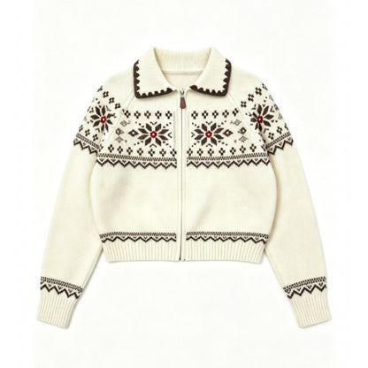 Fair Isle Vintage Jacquard Knit Cardigan Polo Neck Zipper Loose Sweater Coat Top
