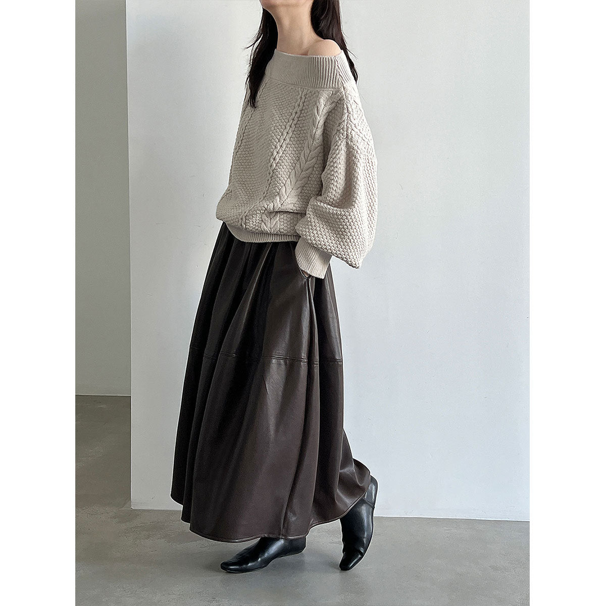 Lace-up Shoulder Cable Knit Loose Long Sleeve Sweater Women's One-Shoulder Wide Knit Top