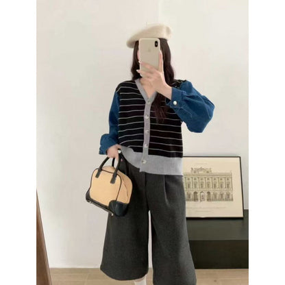 Striped Knit Denim Patchwork Jacket Women's Loose Short V-Neck Long Sleeve Sweater