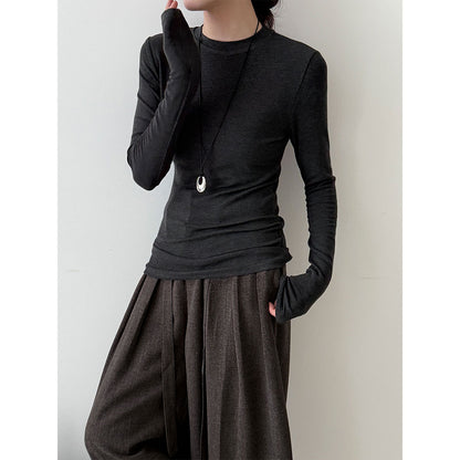 Elegant Slim-Fitting Solid Color Round Neck Basic Top for Women, Autumn New Innerwear, Regular Shoulder Long Sleeve Shirt