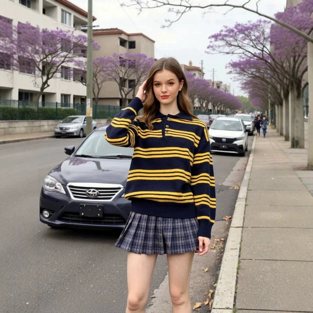 Striped contrasting long sleeved sweater for women in autumn and winter