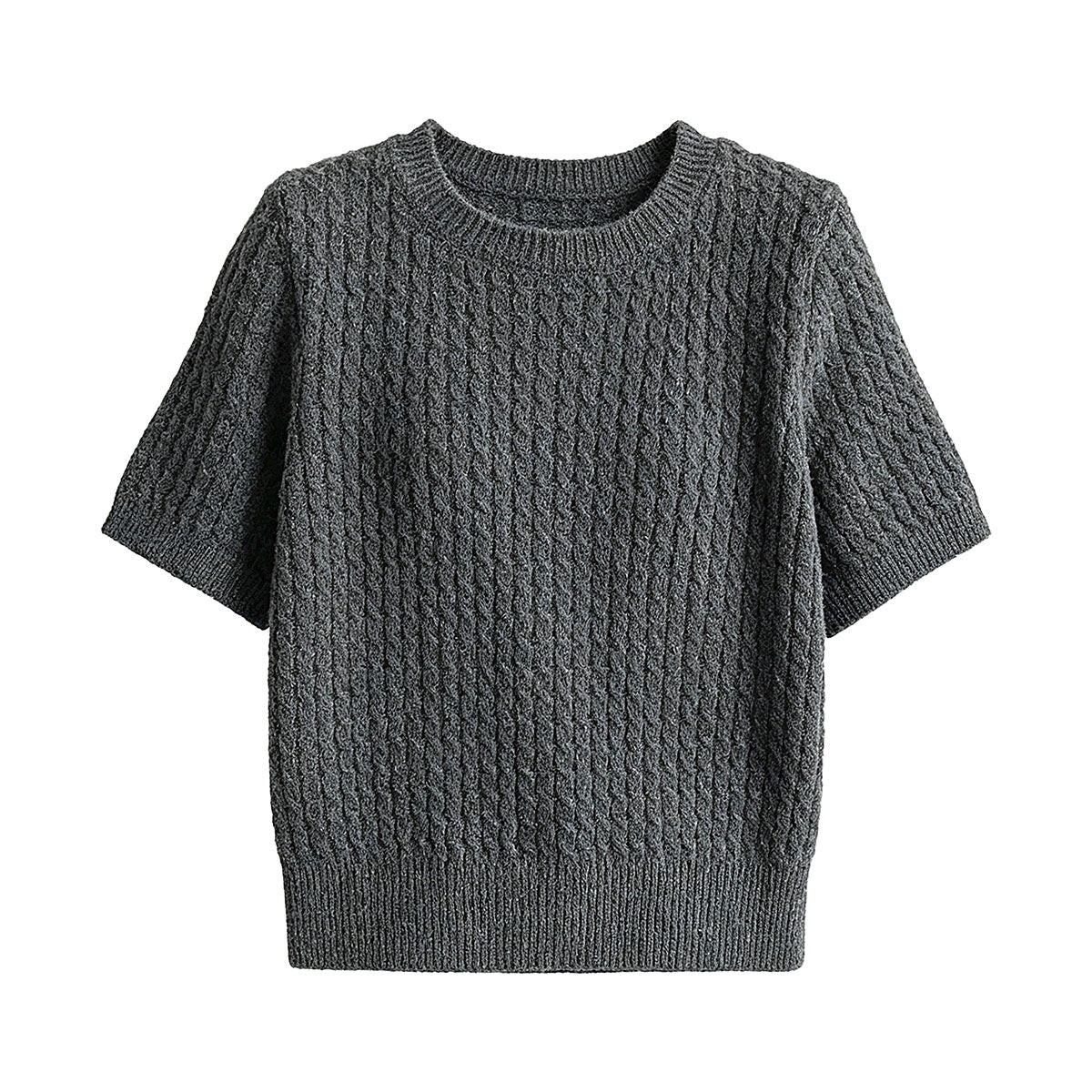 Cable Knit Short Sleeve Wool Round Neck T-Shirt for Women Slim Fit Top