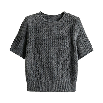 Cable Knit Short Sleeve Wool Round Neck T-Shirt for Women Slim Fit Top