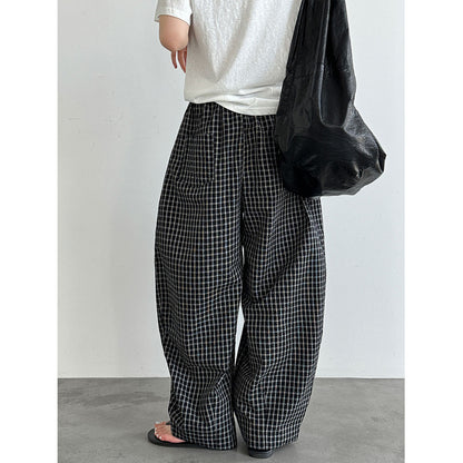 Retro Color-Blocked Checkered Balloon Pants for Women, High Waist Loose Casual Wide Leg Pants