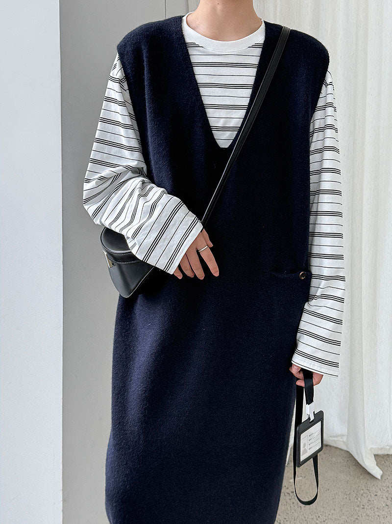 Knit Back Button Loose Sweater Dress for Women, Mid-length Autumn Knit Dress
