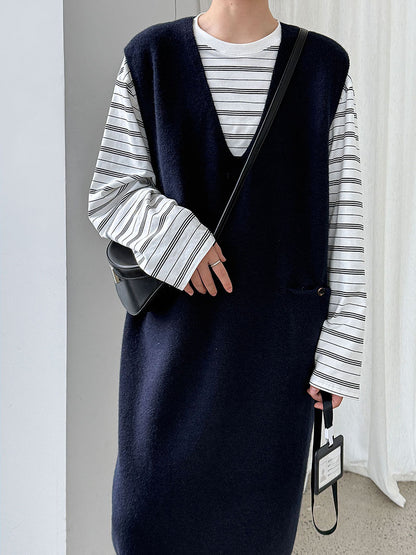 Knit Back Button Loose Sweater Dress for Women, Mid-length Autumn Knit Dress