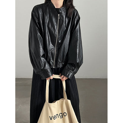 Retro PU Stand Collar Short Jacket for Women Motorcycle Trendy, Versatile Leather Coat